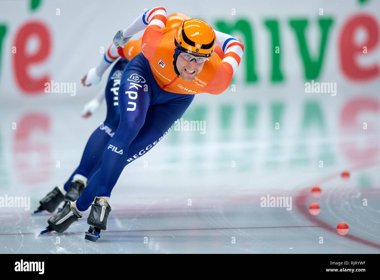 7 febbraio 2019 Inzell, Germania ISU World singole distanze pattinaggio di velocità campionati Teamsprint Ronald Mulder, Kai Verbij, Kjeld Nuis Foto Stock