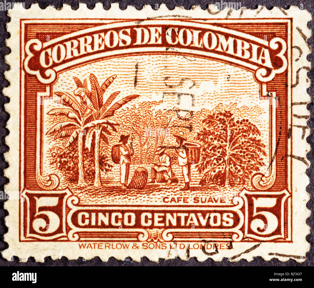 Piantagione di caffè colombiano sul francobollo Foto Stock