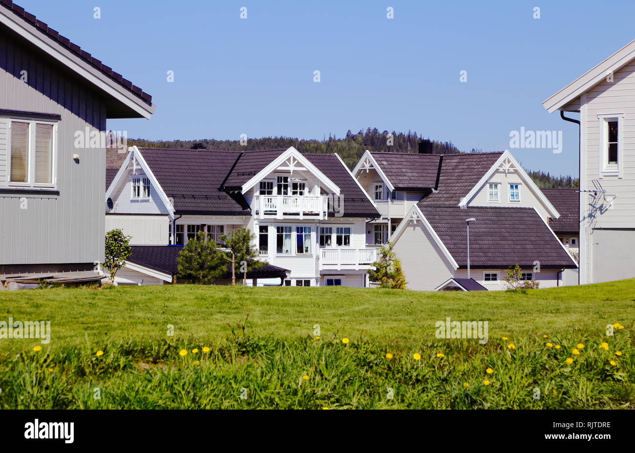 Tanem, Norvegia - 27 Maggio 2016: norvegese zona residenziale con moderne in legno case monofamiliari. Foto Stock