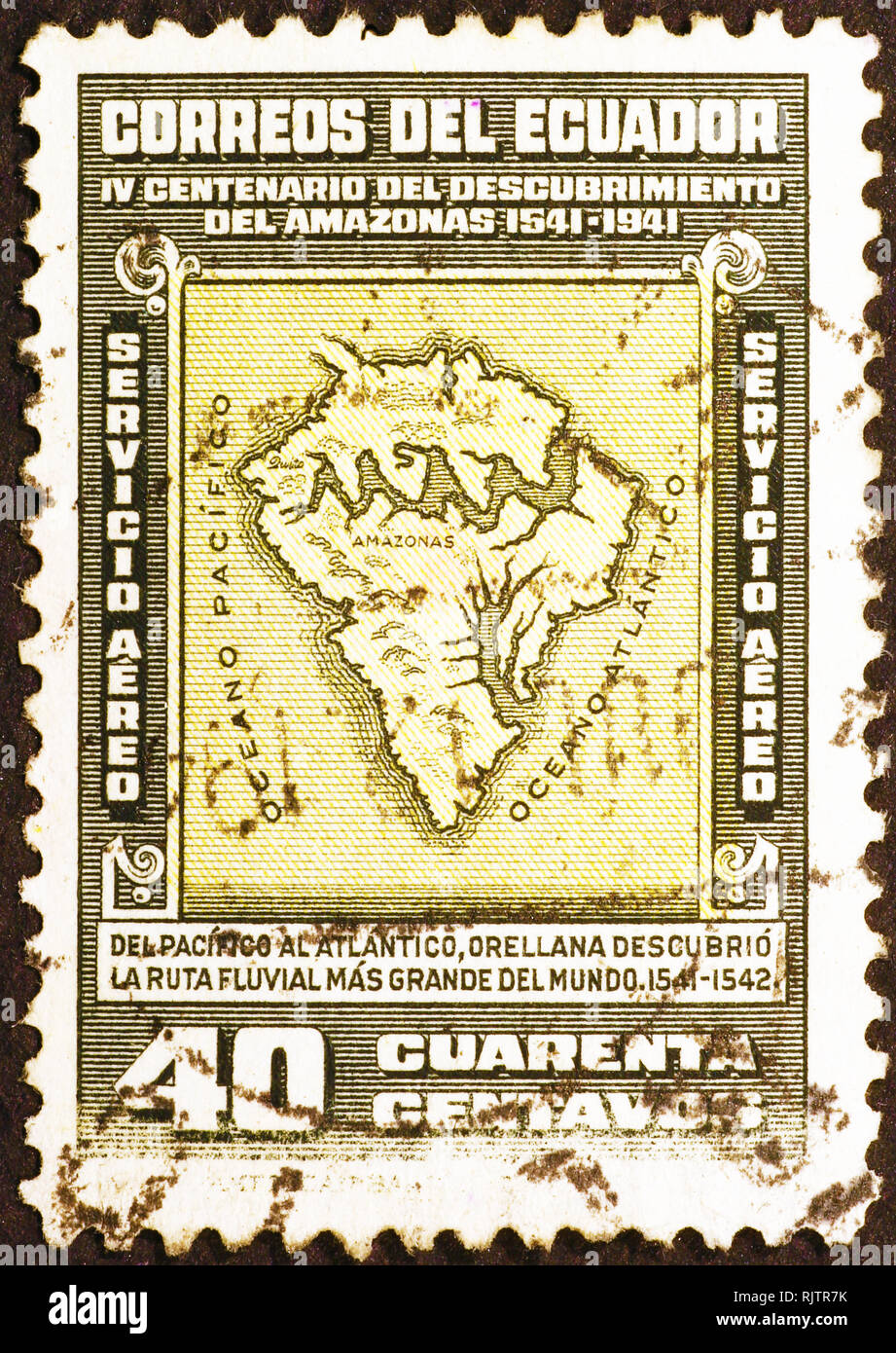 Antica Mappa di Sud America sul vecchio timbro Foto Stock