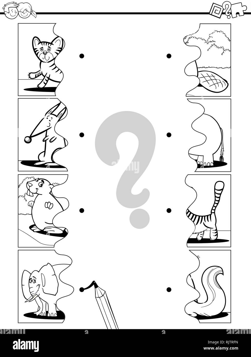 Bianco e Nero Cartoon illustrazione di immagini educativi Matching Game per bambini con i puzzle di divertenti animali selvatici Foglio di lavoro Illustrazione Vettoriale