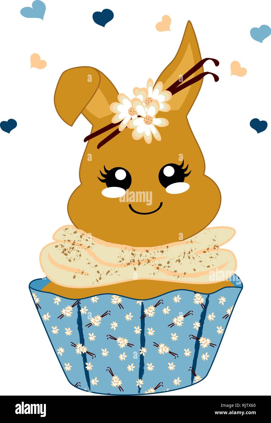 Carino cupcake alla vaniglia con bunny in stile kawaii. File vettoriale EPS 10 Illustrazione Vettoriale