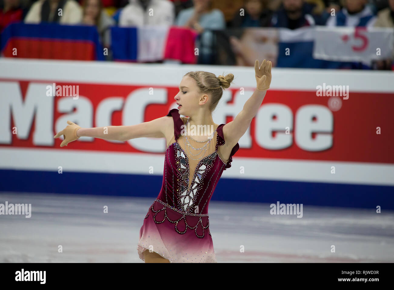 La Bielorussia Minsk, Ice Arena, 25 gennaio 2019. Europei di Pattinaggio di Figura.Campionato bulgaro figura skater Alexandra Feigin rotoli programma gratuito. Foto Stock