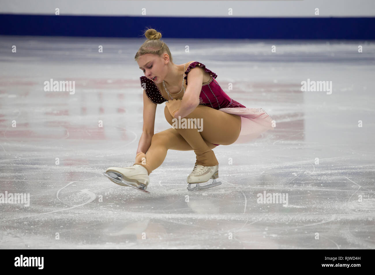 La Bielorussia Minsk, Ice Arena, 25 gennaio 2019. Europei di Pattinaggio di Figura.Campionato bulgaro figura skater Alexandra Feigin rotoli programma gratuito. Foto Stock