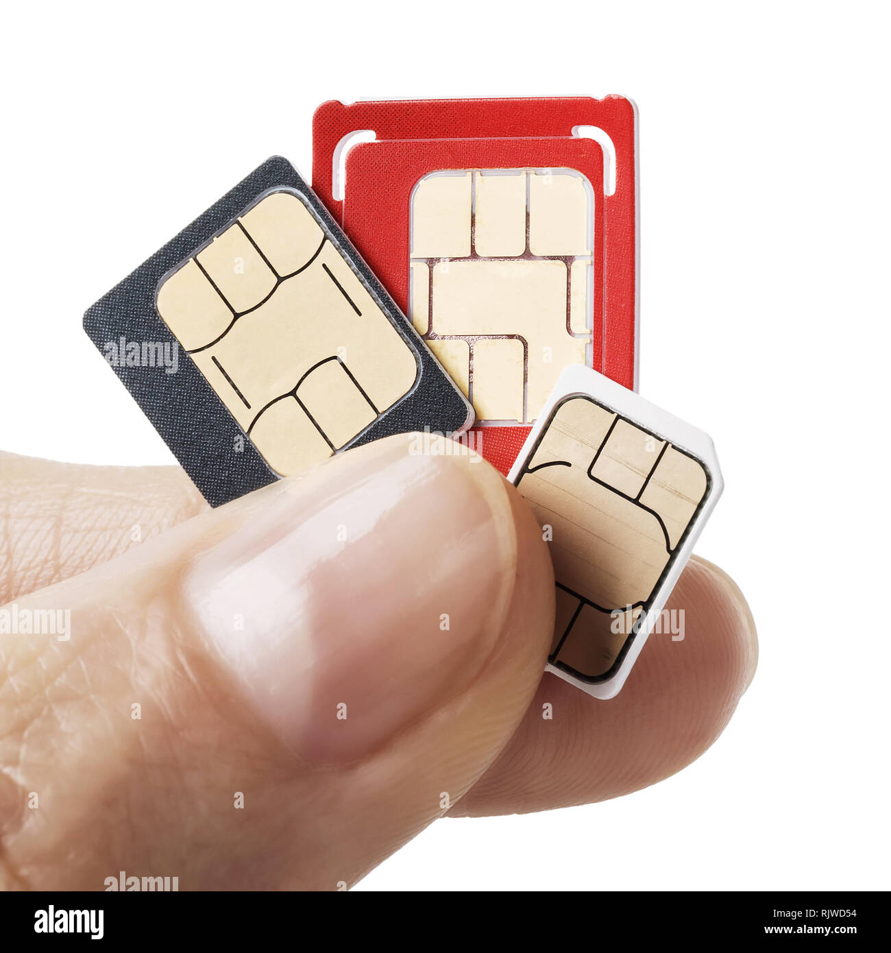 Tre carte SIM in mano isolati su sfondo bianco Foto Stock