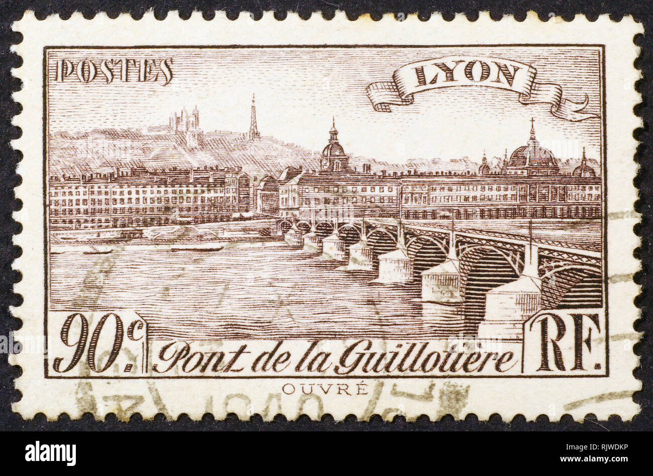 Vista vecchia di Lione su vintage francobollo Foto Stock