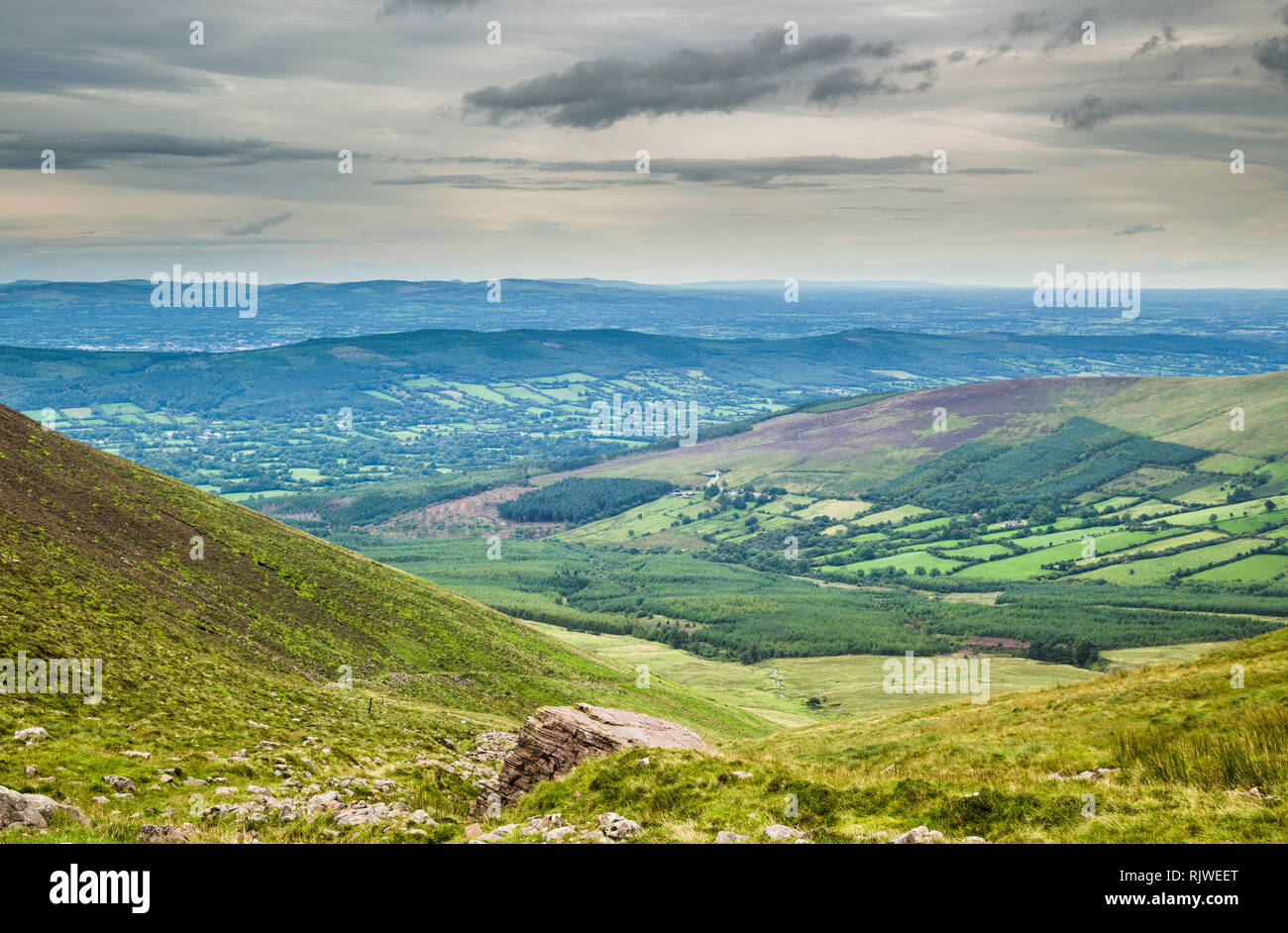 Vista verso il Glen of Aherlow dal Galty Montagne (Montagne Galtee), nella contea di Tipperary, Irlanda Foto Stock