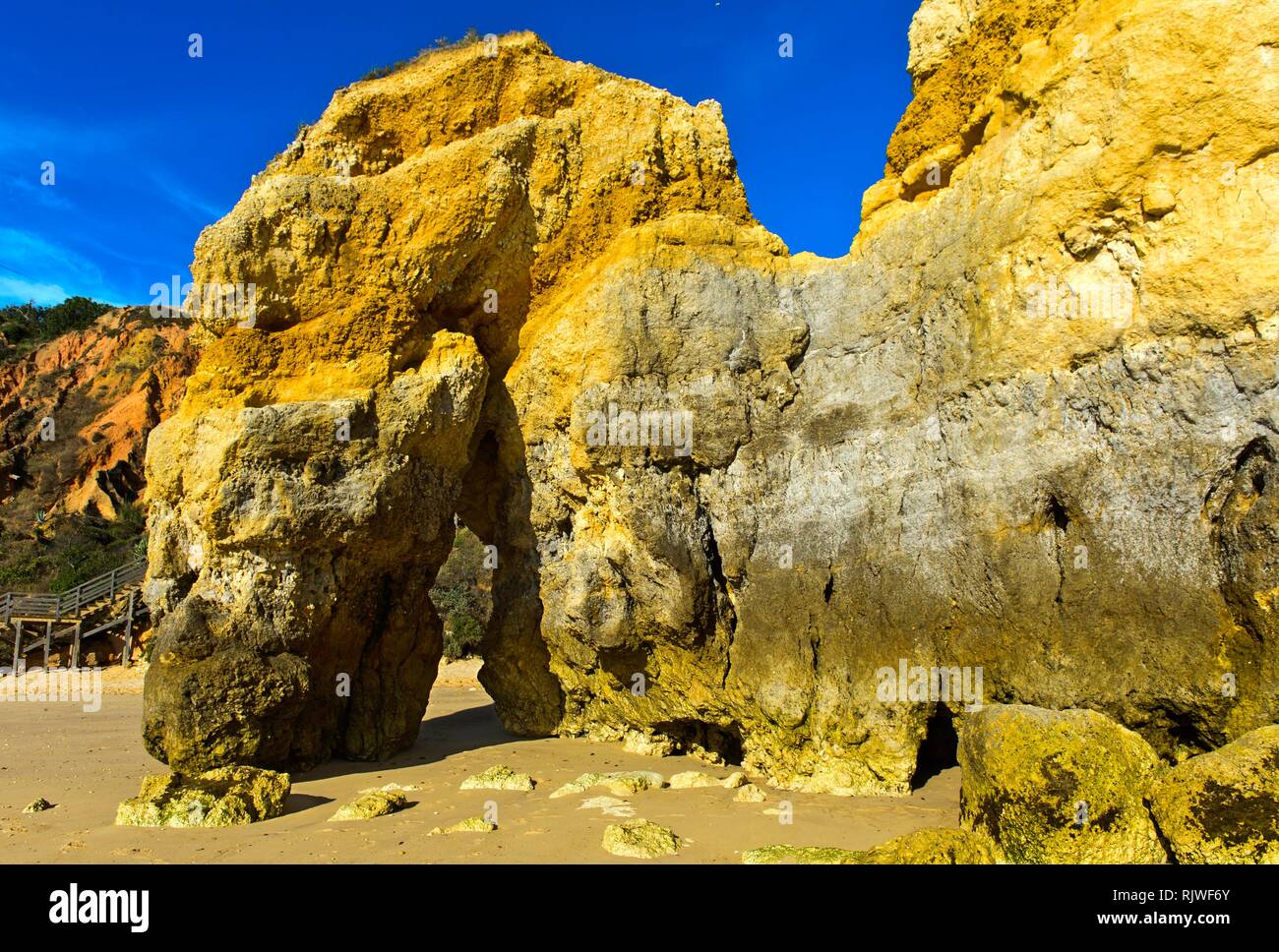 Ocra rocce colorate a Camilo spiaggia Praia do Camilo, Lagos, Algarve, PORTOGALLO Foto Stock