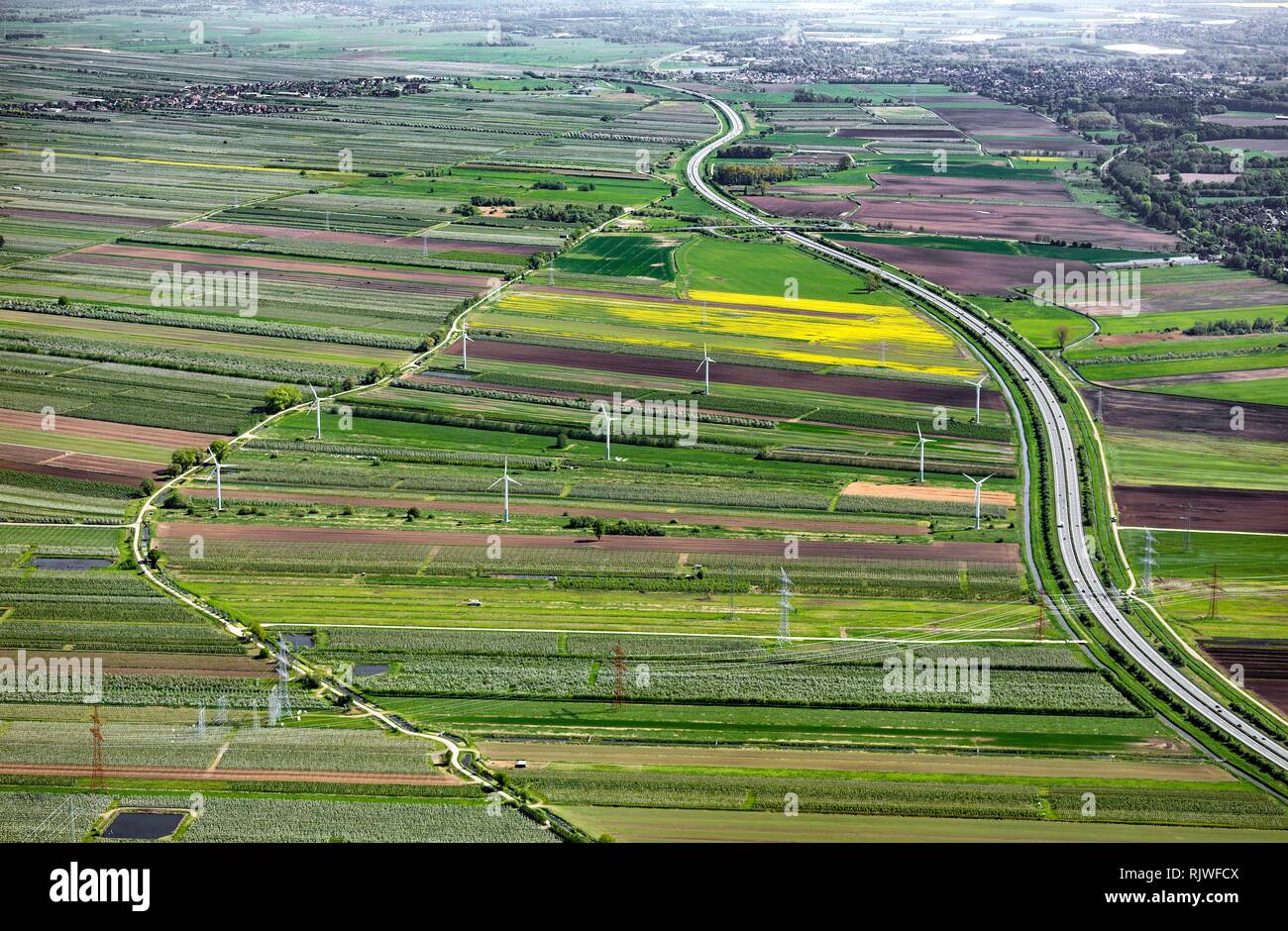 Il paesaggio agricolo con autostrada federale BAB 26 tra Stade e Buxtehude, Altes Land Bassa Sassonia, Germania Foto Stock