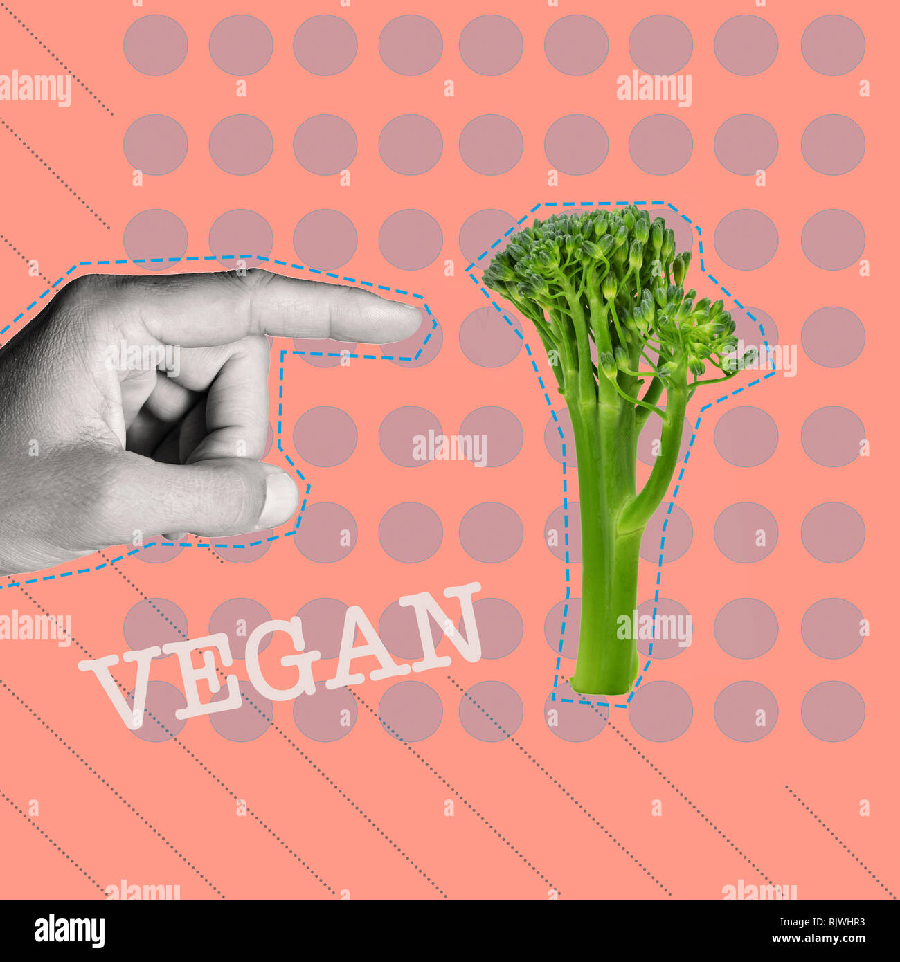 Il testo vegane e la mano di un uomo in bianco e nero rivolto un ramoscello di broccolini, su uno sfondo rosa modellato con linee e punti, come contemporaneamente Foto Stock