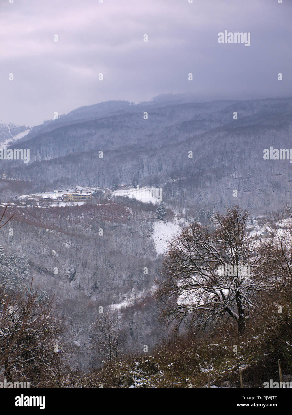 Bella coperta di neve campo e montagne sotto un cielo nuvoloso in Macedonia Centrale Grecia in orientamento verticale Foto Stock