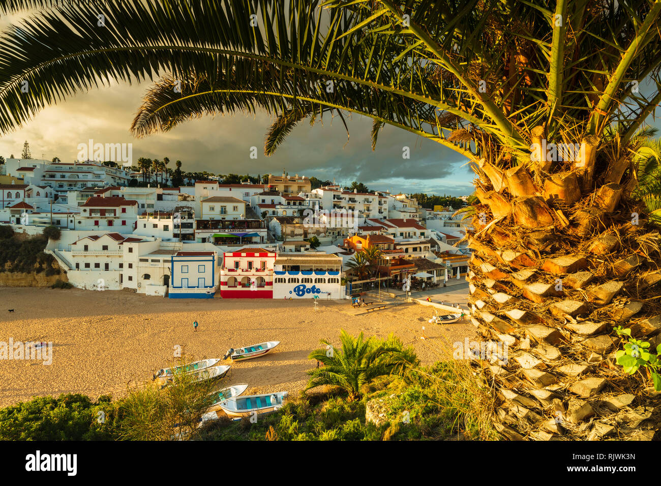 Guardando attraverso i rami di palma al villaggio costiero di Carvoeiro, Algarve, Portogallo, Europa Foto Stock