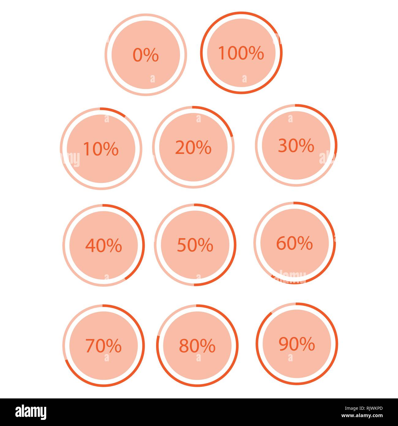 Illustrazione Vettoriale rossa Tondi, cerchio grafico a torta, grafico con percentuale di 10 20 25 30 40 50 60 70 75 80 90 100 % icona impostare Illustrazione Vettoriale