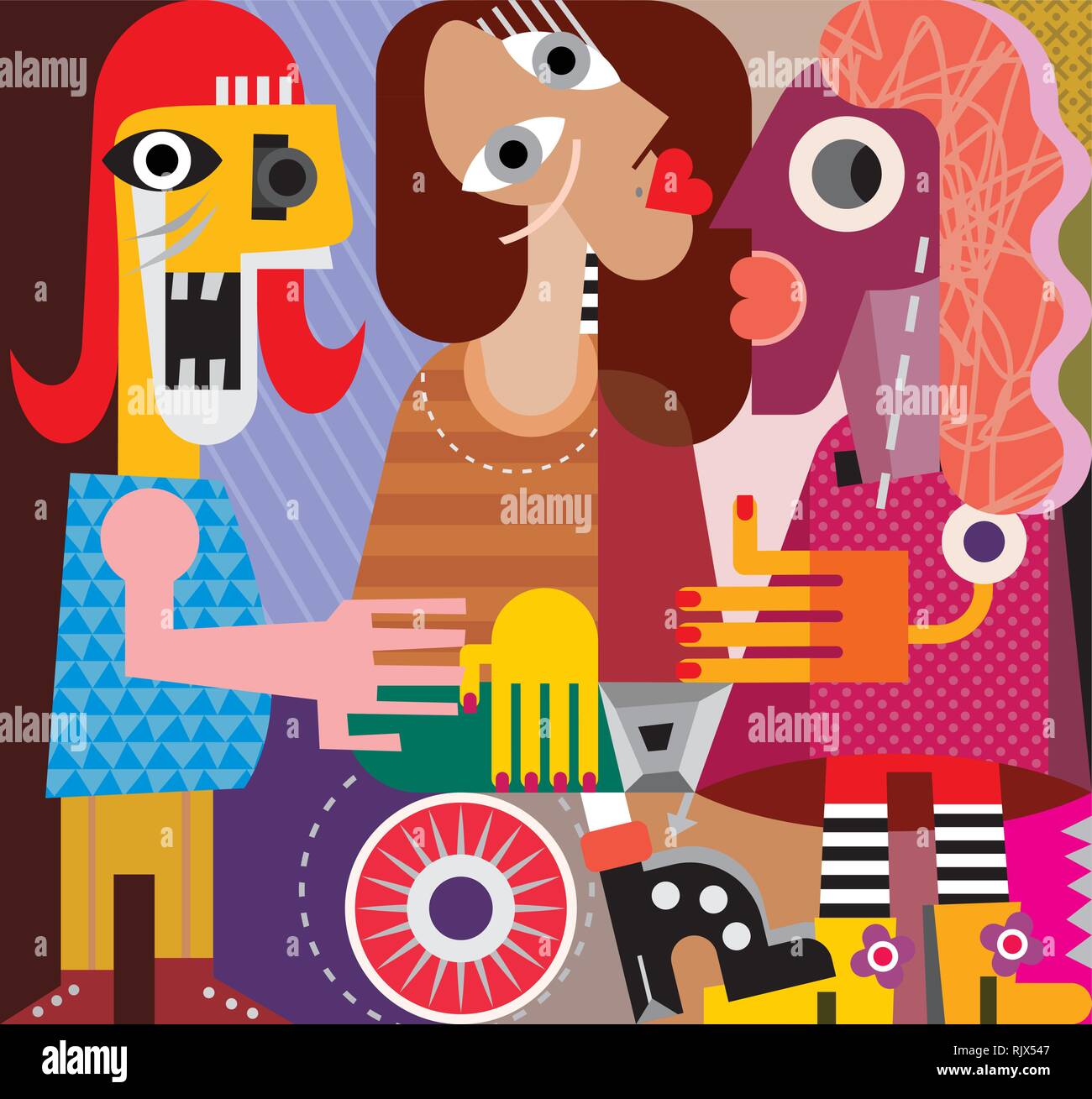 L'uomo arrabbiato e due donne - arte moderna illustratio vettore. Illustrazione Vettoriale