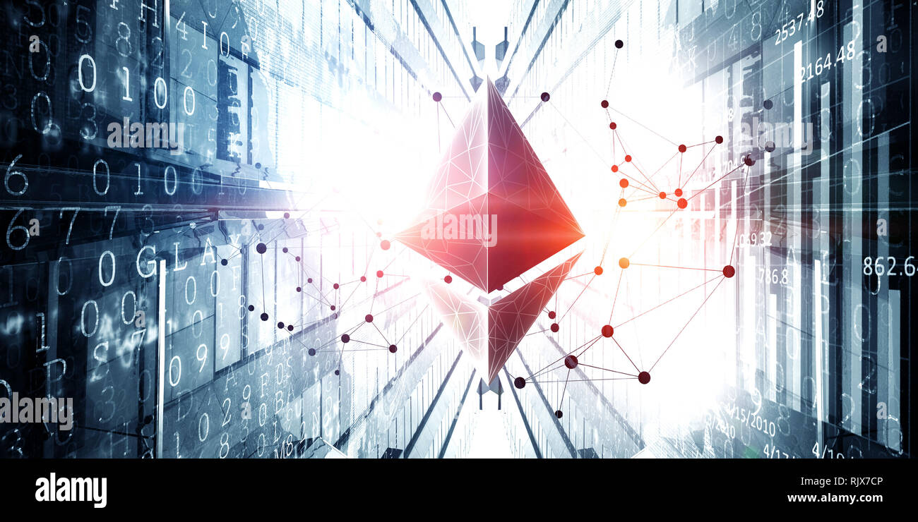 Bitcoin e Ethereum simboli astratti su sfondo blu. Il rendering 3D Foto Stock