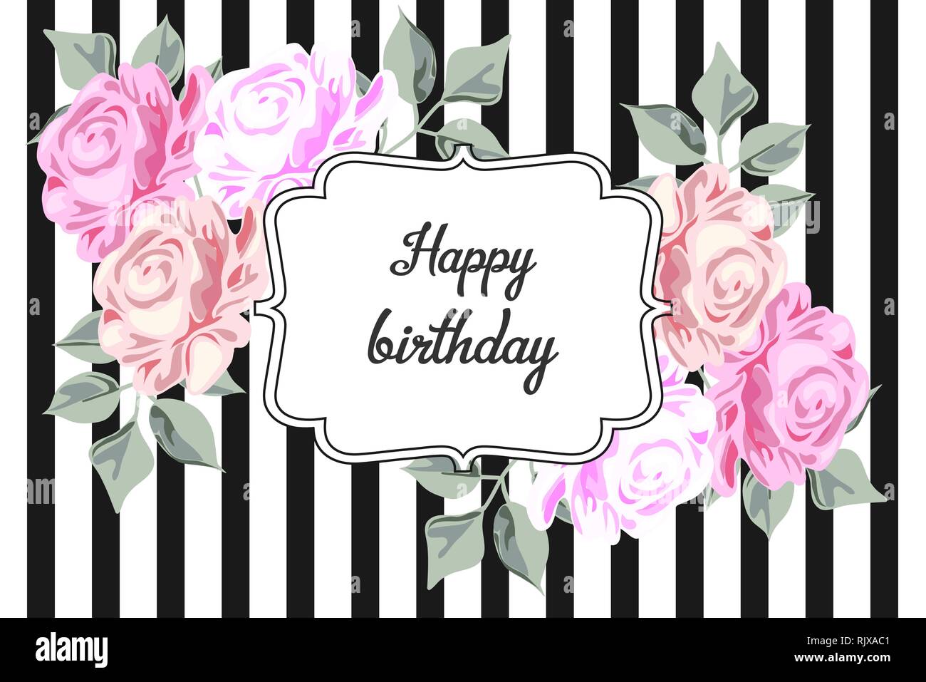 Buon compleanno. Modello in bianco e nero con strisce rosa disegno a mano di rose. Illustrazione vintage Illustrazione Vettoriale