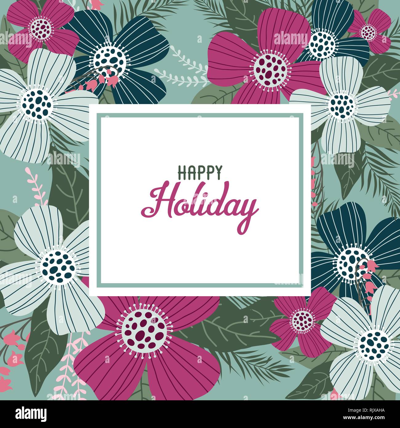 Happy Holiday. Modello per schede e banner con graziosi fiori scarabocchi, vettore Illustrazione Vettoriale