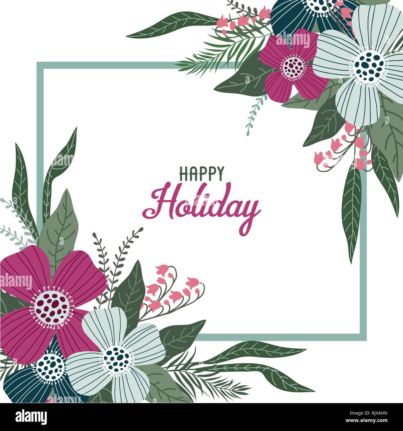 Happy Holiday. Modello per schede e banner con graziosi fiori scarabocchi su uno sfondo bianco, vettore Illustrazione Vettoriale