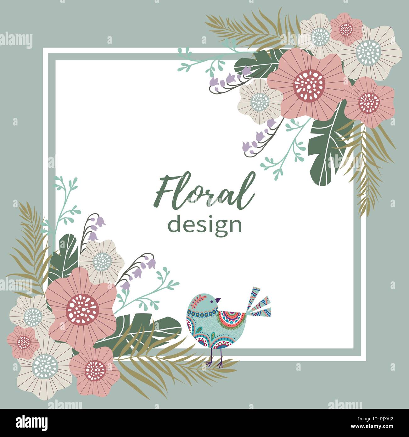 Happy Holiday. Modello per schede e banner con graziosi scarabocchi fiori color pastello e bird su uno sfondo bianco, vettore Illustrazione Vettoriale