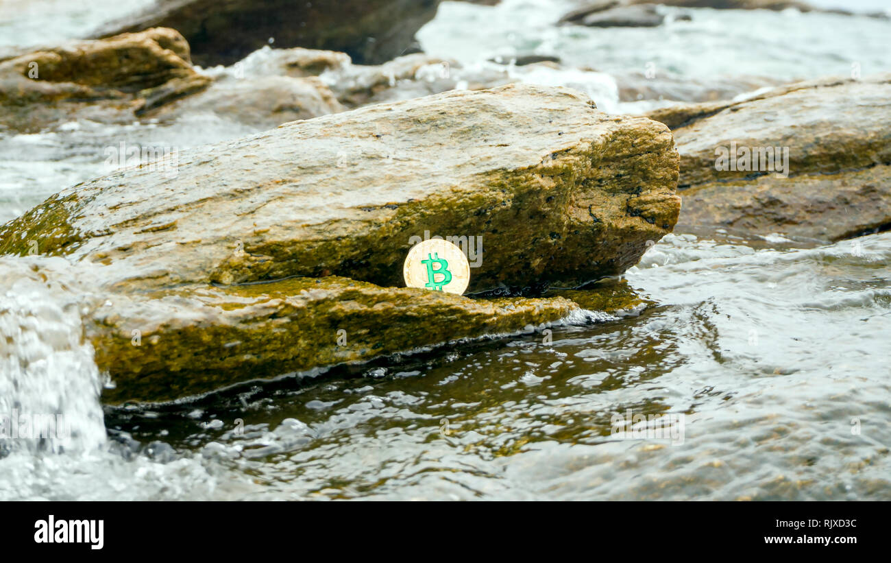 La moneta in oro di Bitcoin risiede nella roccia con le onde del mare. Bitcoin è un moderno modo di scambiare questo crypto moneta è un comodo mezzo di pagamento da me Foto Stock