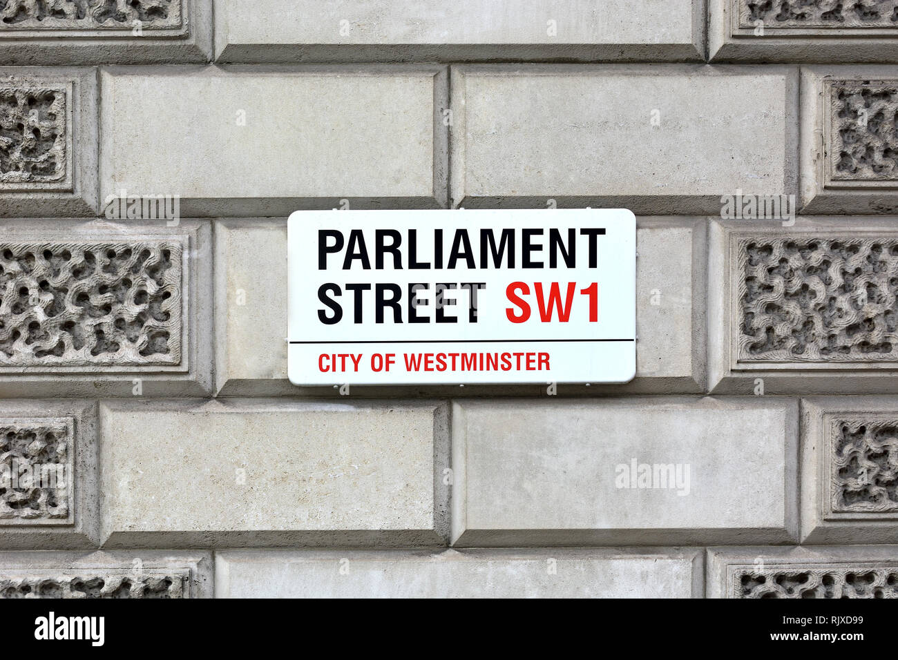 Londra, Inghilterra, Regno Unito. Il Parlamento strada segno, Westminster Foto Stock