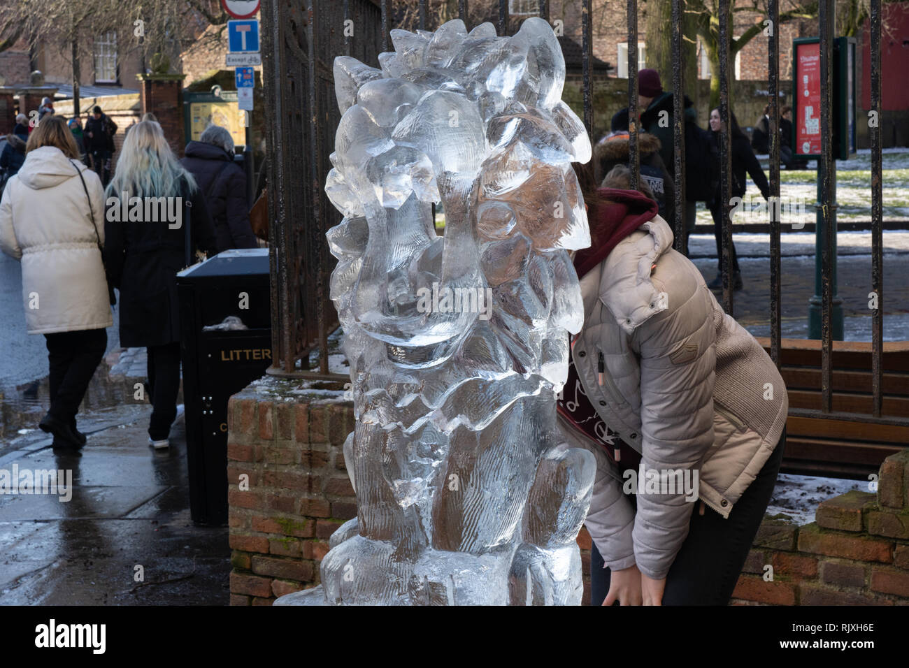 Il turista che posa attraverso una scultura di ghiaccio del gatto di Cheshire lungo il Mito e Legends York Ice Trail, North Yorkshire, Inghilterra, Regno Unito. Foto Stock