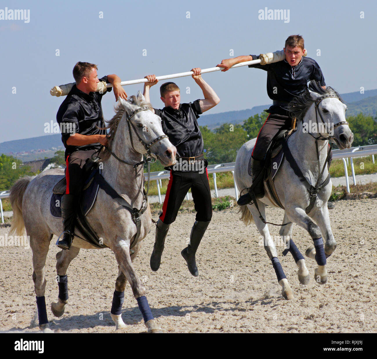 Bold mans in sella a un cavallo grigio e di eseguire trick. Foto Stock