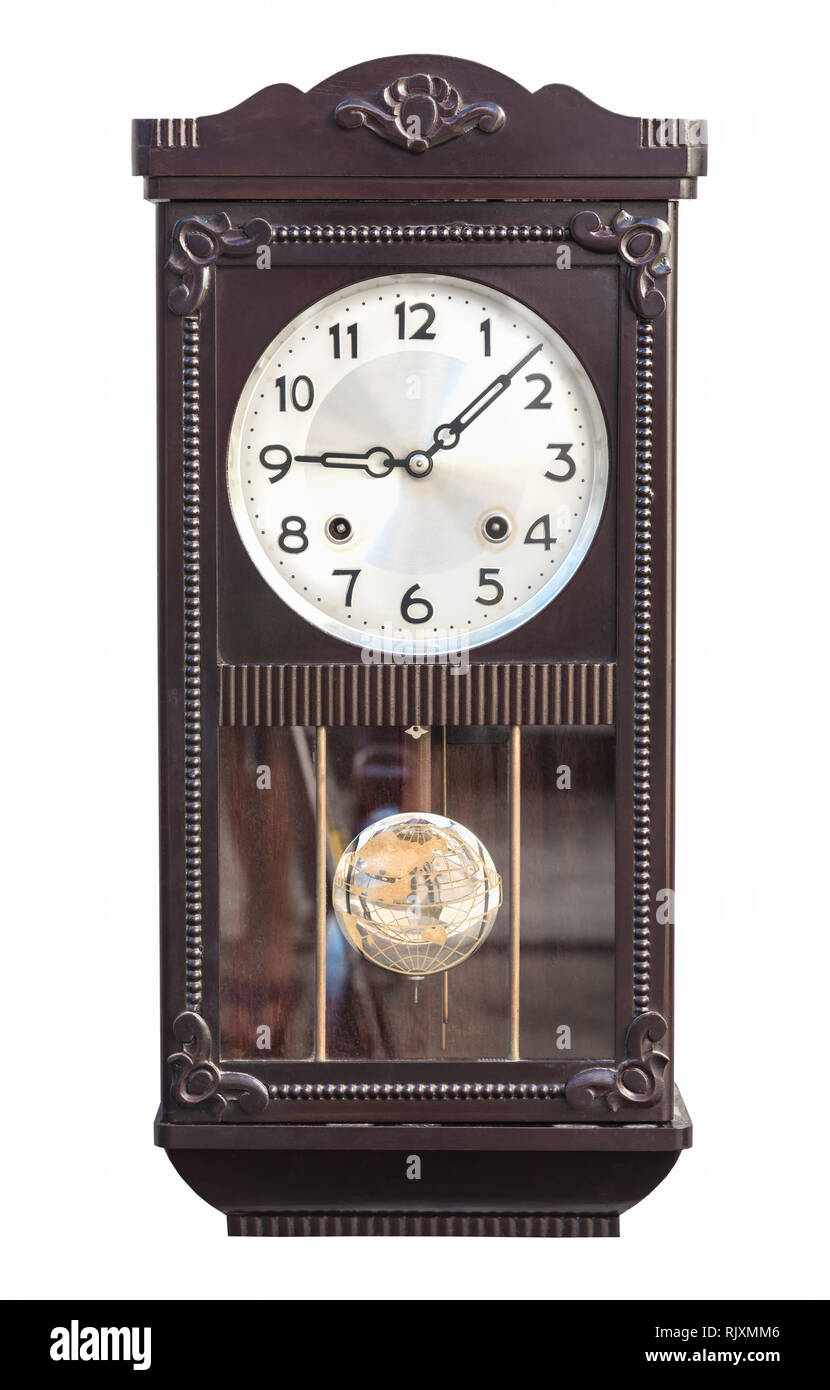 Antico orologio da parete isolata su sfondo bianco Foto Stock