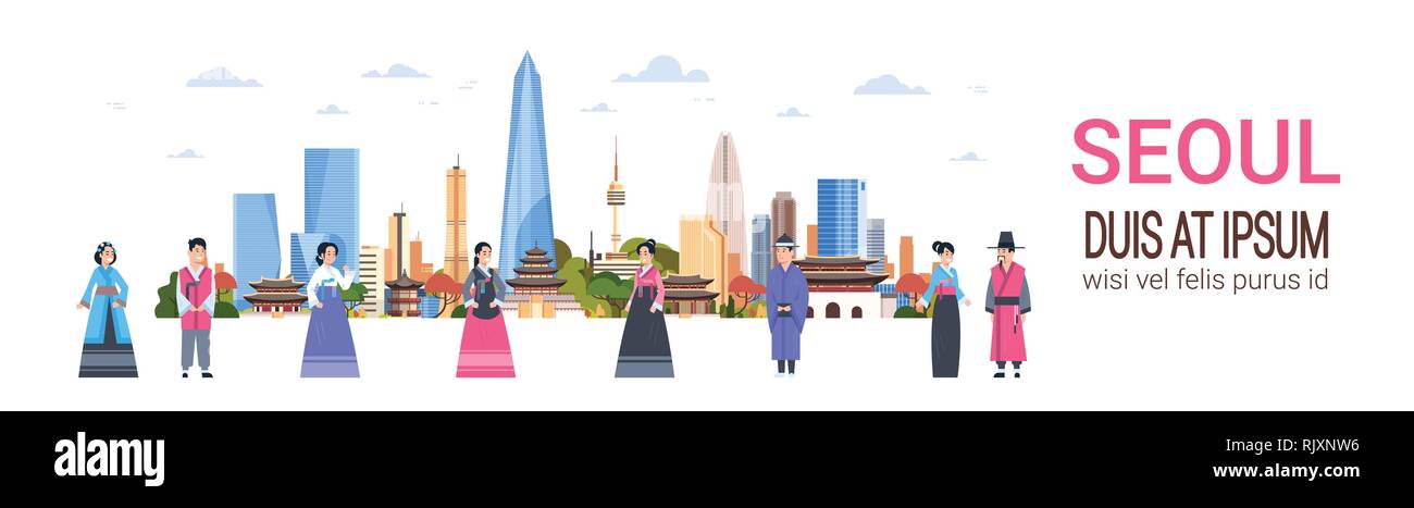 La gente nei tradizionali costumi coreani a Seoul skyline della città con i grattacieli e i punti di riferimento della Corea del Sud Cityscape Banner orizzontale Illustrazione Vettoriale