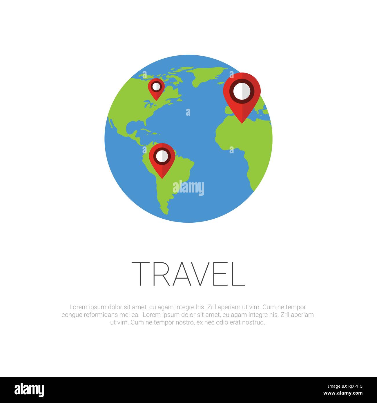 Viaggiare in giro per il mondo Mappa puntatori sul globo terrestre modello su sfondo bianco Illustrazione Vettoriale