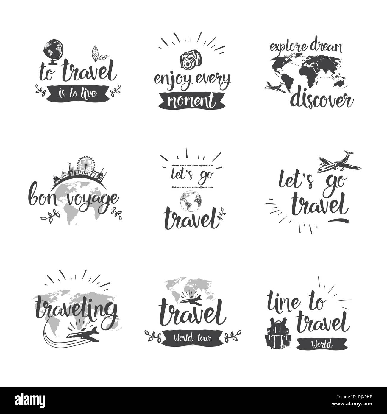Travel Quotes Icon Set disegnati a mano scritte Turismo e Adventure Concept Illustrazione Vettoriale