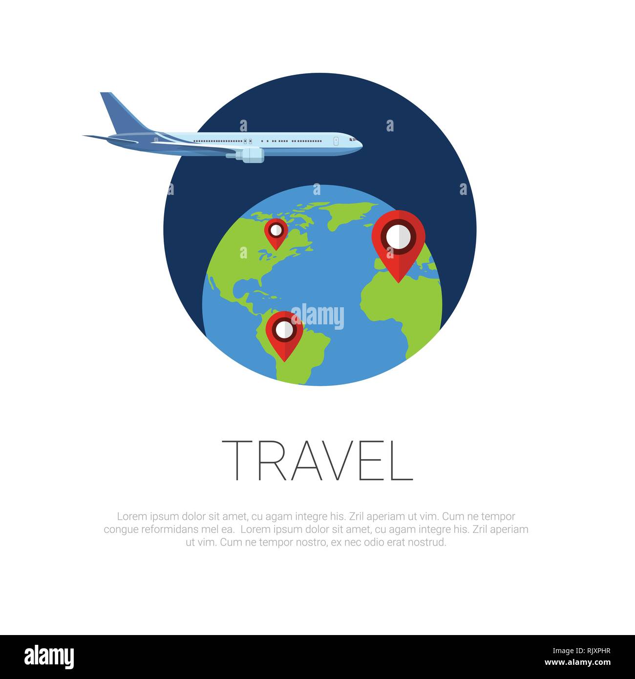 Volare intorno al mondo piano e mappa puntatori sul globo terrestre modello su sfondo bianco concetto di viaggio Illustrazione Vettoriale
