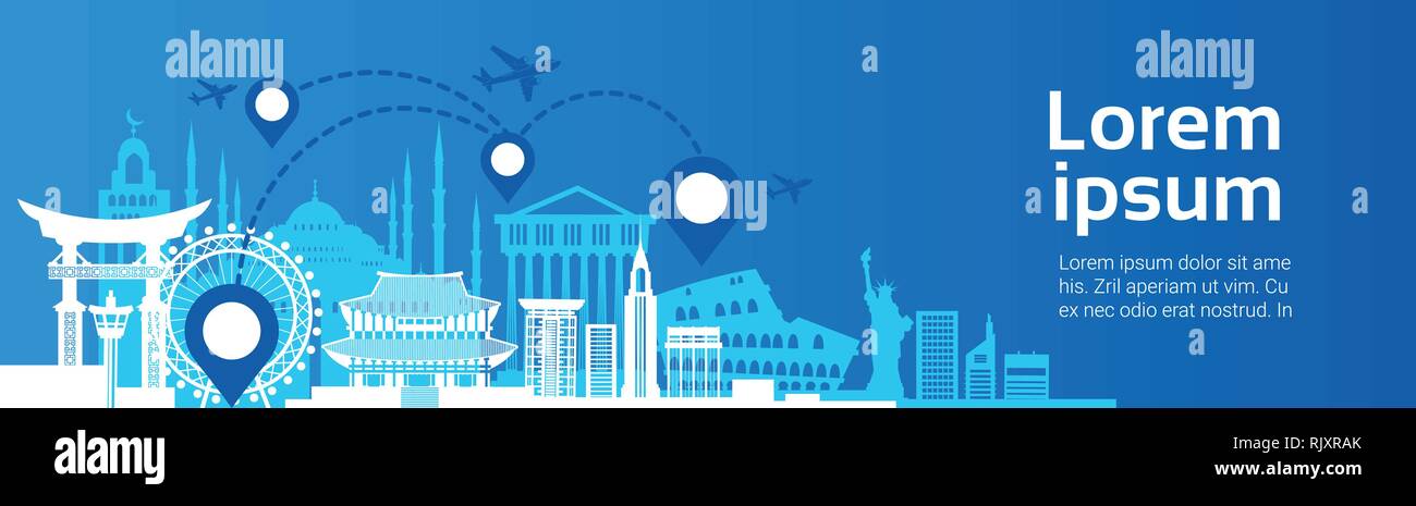 I punti di riferimento Percorso di viaggio il concetto di pianificazione piano volare oltre il famoso edificio sullo sfondo del modello Illustrazione Vettoriale