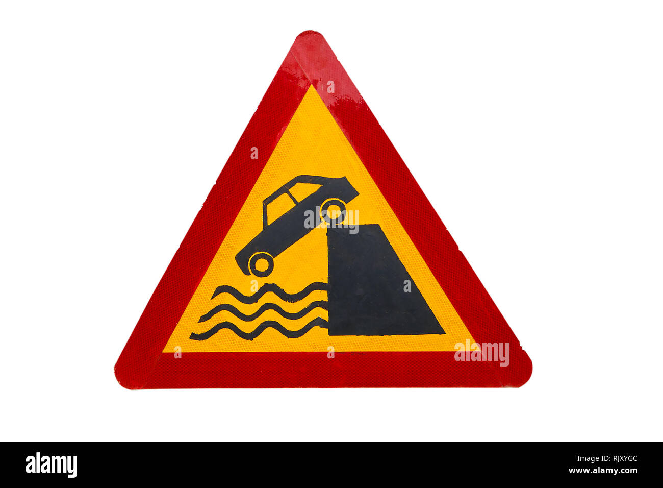 Cartello stradale partenza al Quay, il cartello stradale che indica che la macchina è in grado di cadere nel fiume Foto Stock