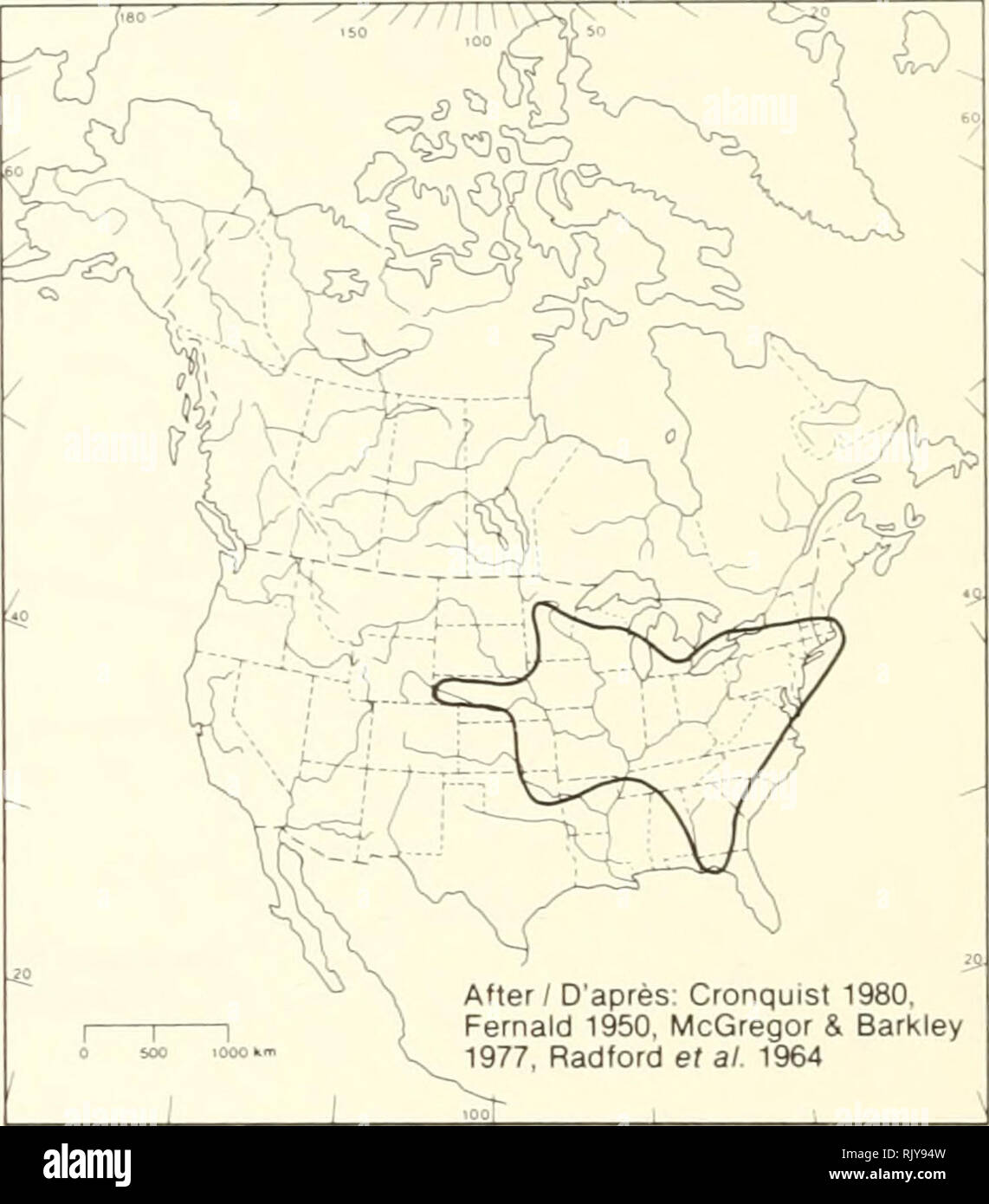 . Atlas delle rare piante vascolari di Ontario. Piante rare; Botanica. Campioni / SpÃ©cimens può, DAO, prosciutto, LKHD, Mich, OAC, TRT, WLU OPre 1925 Â® 9 1925-1949 1950-1964 â ¢ post 1964. Dopo/ D'aprÃ¨s: Cronquisl 1980. ernald 1950. McGregor &AMP; Barkiey 1977. Radford ef al. 1964 HABITAT: Dryish, aprire rocky boschi e canneti. Stato: Rare in Canada. Note: Molto sinnilar al comune e diffusa E. maculatum L. e possibilmente più trascurato di rare. Quest'ultimo preferisce le paludi e prati umidi rispetto all'essiccatore di habitat di Â£ purpureum. HABITAT: FourrÃ©s et bois rocailleux ouverts plutÃ't s Foto Stock