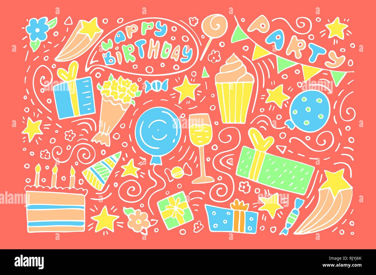 Disegnate a mano insieme di Compleanno scarabocchi di inchiostro. Buon compleanno bigliettino. Live sullo sfondo di corallo Illustrazione Vettoriale