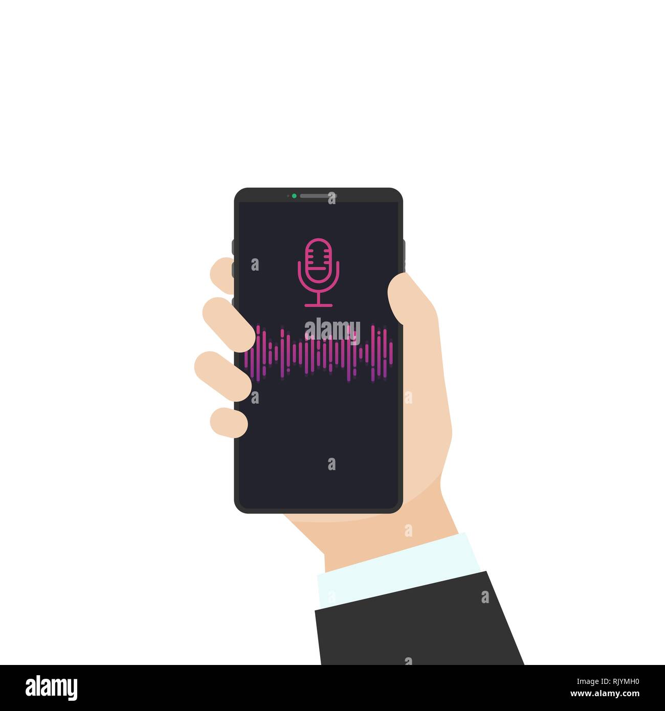 Assistente vocale piatta illustrazione vettoriale. Mano umana azienda telefono nero con onda sonora ed il microfono di segno. Telefono cellulare con riconoscimento vocale e communi Illustrazione Vettoriale