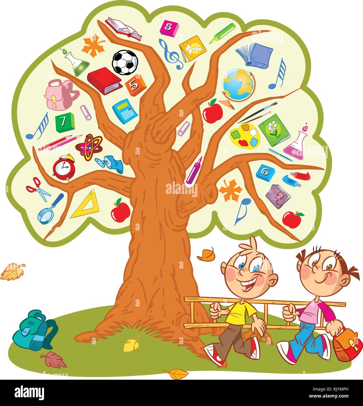 La figura mostra la struttura ad albero. Invece di foglie mostra gli attributi e gli oggetti per la scuola. Sotto l'albero, divertente un ragazzo e una ragazza portano una scaletta di cli Illustrazione Vettoriale