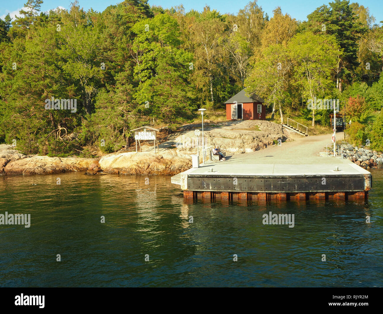 Pontile costa rocciosa ed alberi di pino su Grinda isola nell'arcipelago di Stoccolma, Svezia Foto Stock