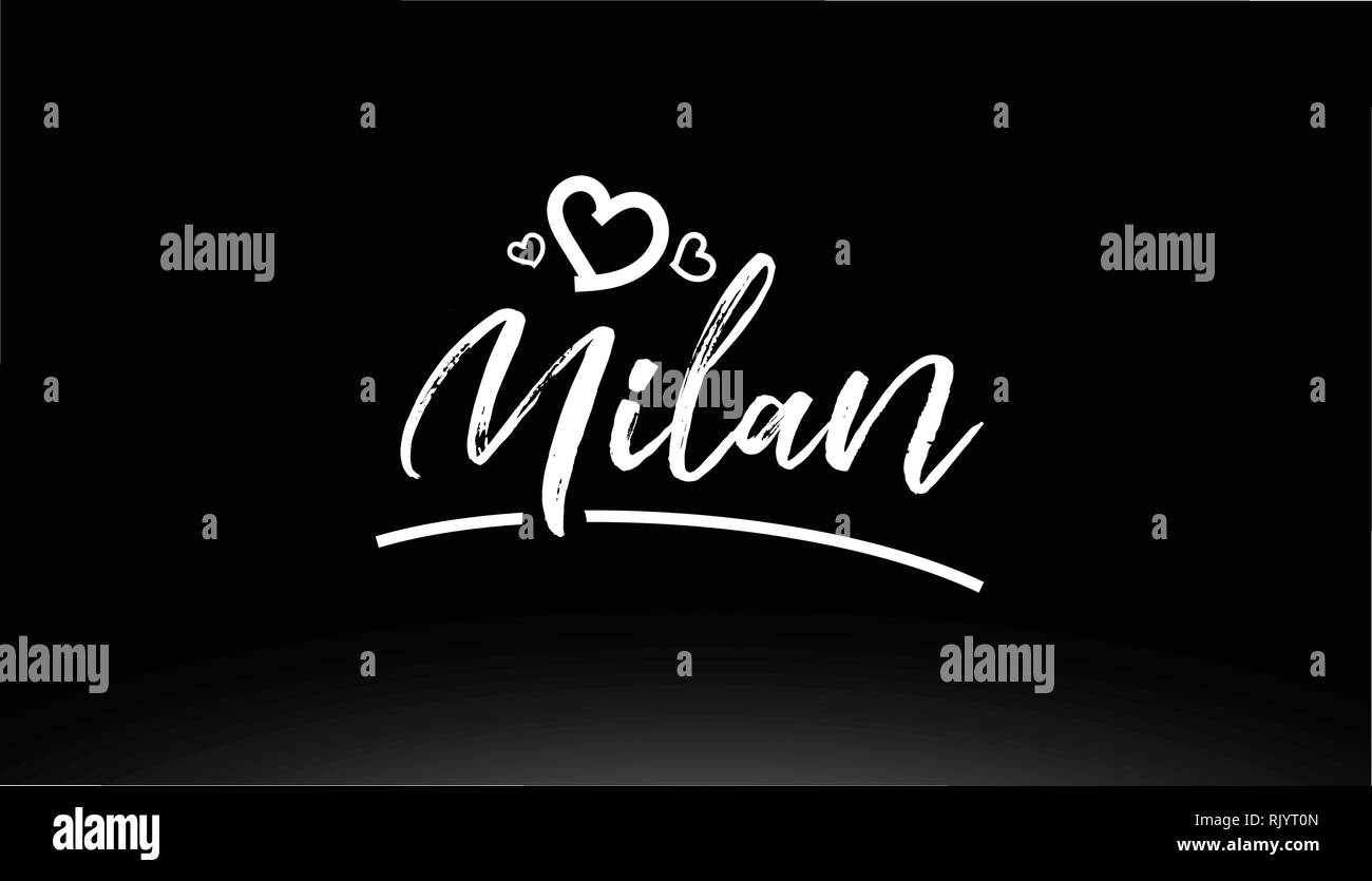 Milano in bianco e nero a mano della città di testo scritto con il cuore per il logo o design tipografia Illustrazione Vettoriale