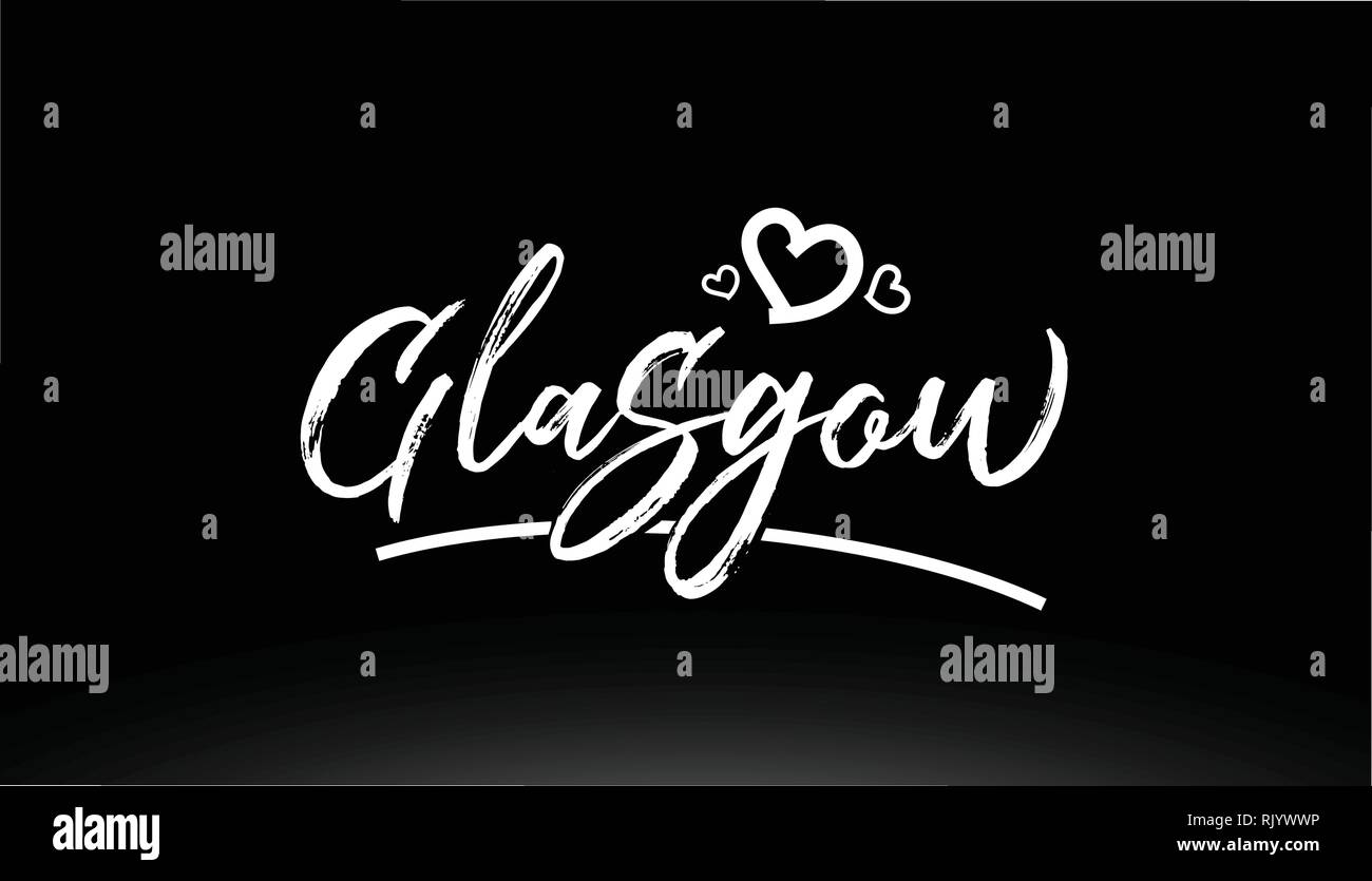Glasgow in bianco e nero a mano della città di testo scritto con il cuore per il logo o design tipografia Illustrazione Vettoriale