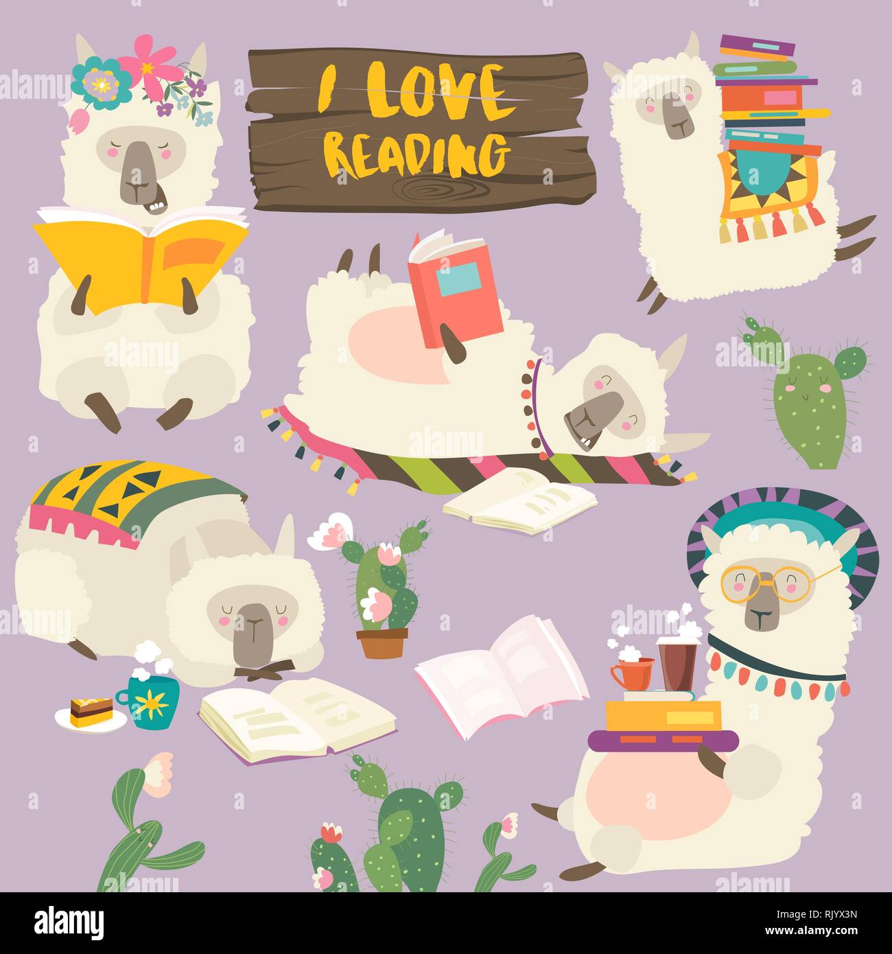Funny cartoon llama alpaca la lettura di libri. Set di vettore Illustrazione Vettoriale