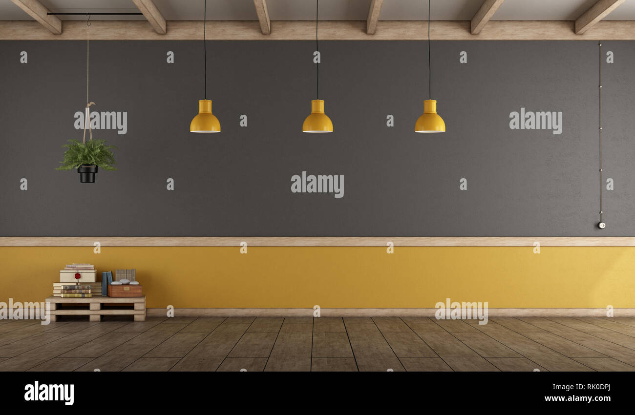 Grigio e giallo stanza vuota in stile retrò con pallet tavolino - 3d rendering Foto Stock