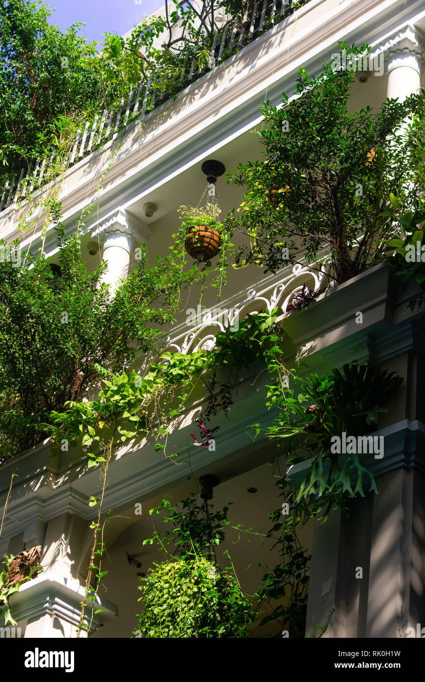 Hotel parete in Saigon ricoperta di piante. Ho Chi Minh City. Foto Stock