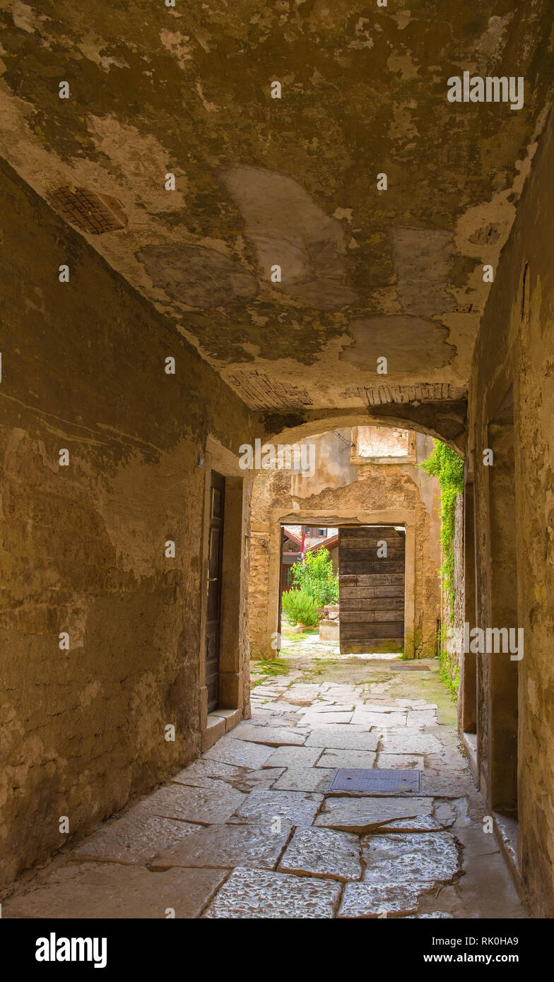 Un vicolo nel villaggio storico di Dignano (chiamato anche Dignano) in Istria, Croazia Foto Stock