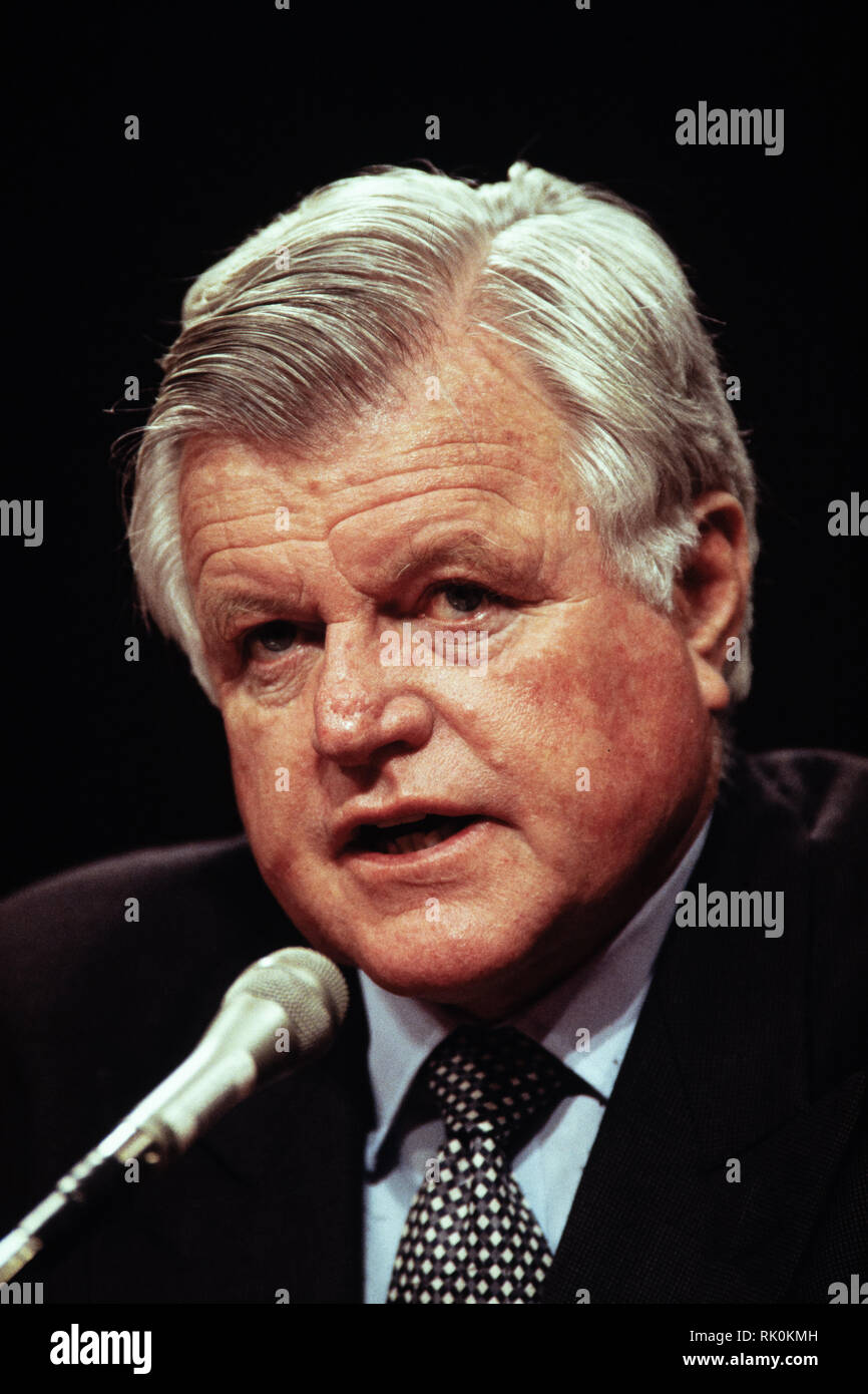 Il senatore Ted Kennedy parla a nome del Segretario della Difesa John Deutch durante l'audizione di conferma per la sua nomina come direttore della CIA Aprile 26, 1995 a Washington, DC. Foto Stock