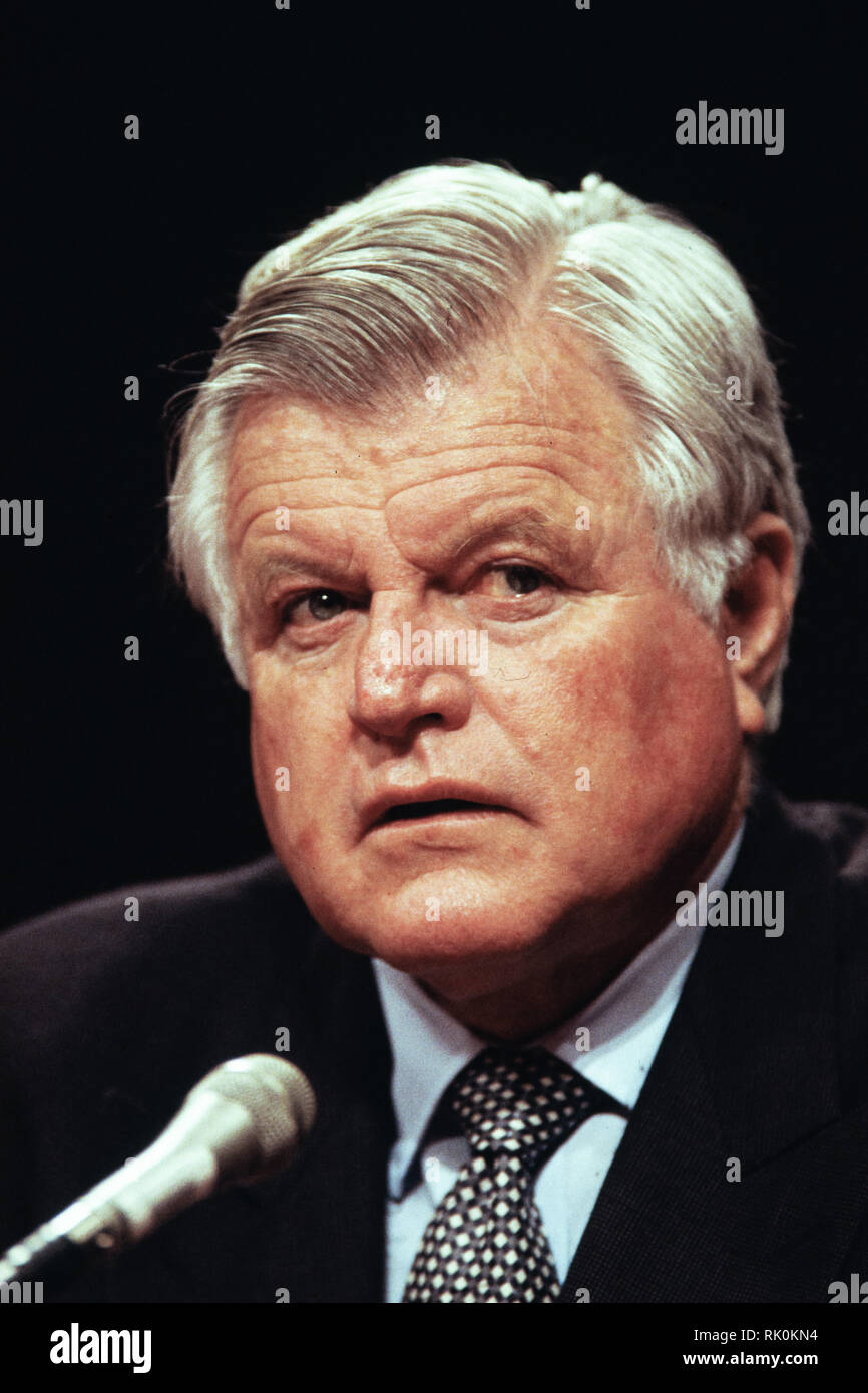 Il senatore Ted Kennedy parla a nome del Segretario della Difesa John Deutch durante l'audizione di conferma per la sua nomina come direttore della CIA Aprile 26, 1995 a Washington, DC. Foto Stock