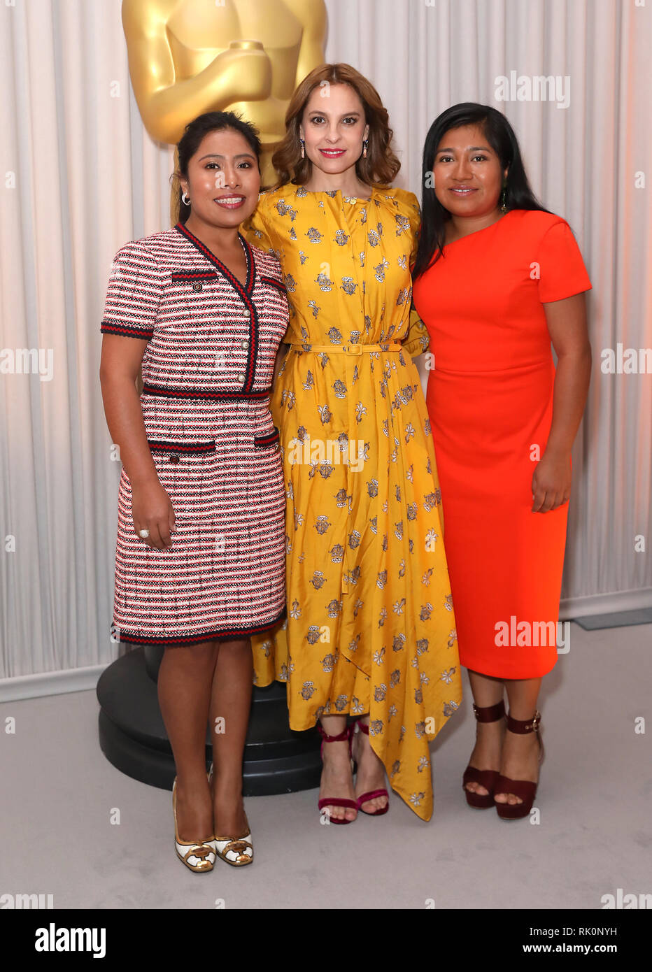 Yalitza Aparicio (sinistra), Marina de Tavira e Nancy Garcia Garcia (destra) frequentando l'Oscar Nominee Champagne Reception tè presso la struttura Claridge's Ballroom di Londra, Regno Unito. Foto Stock