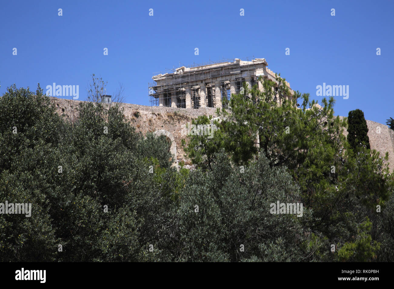 Acropoli di Atene Grecia ponteggio sul Partenone sotto il restauro Foto Stock
