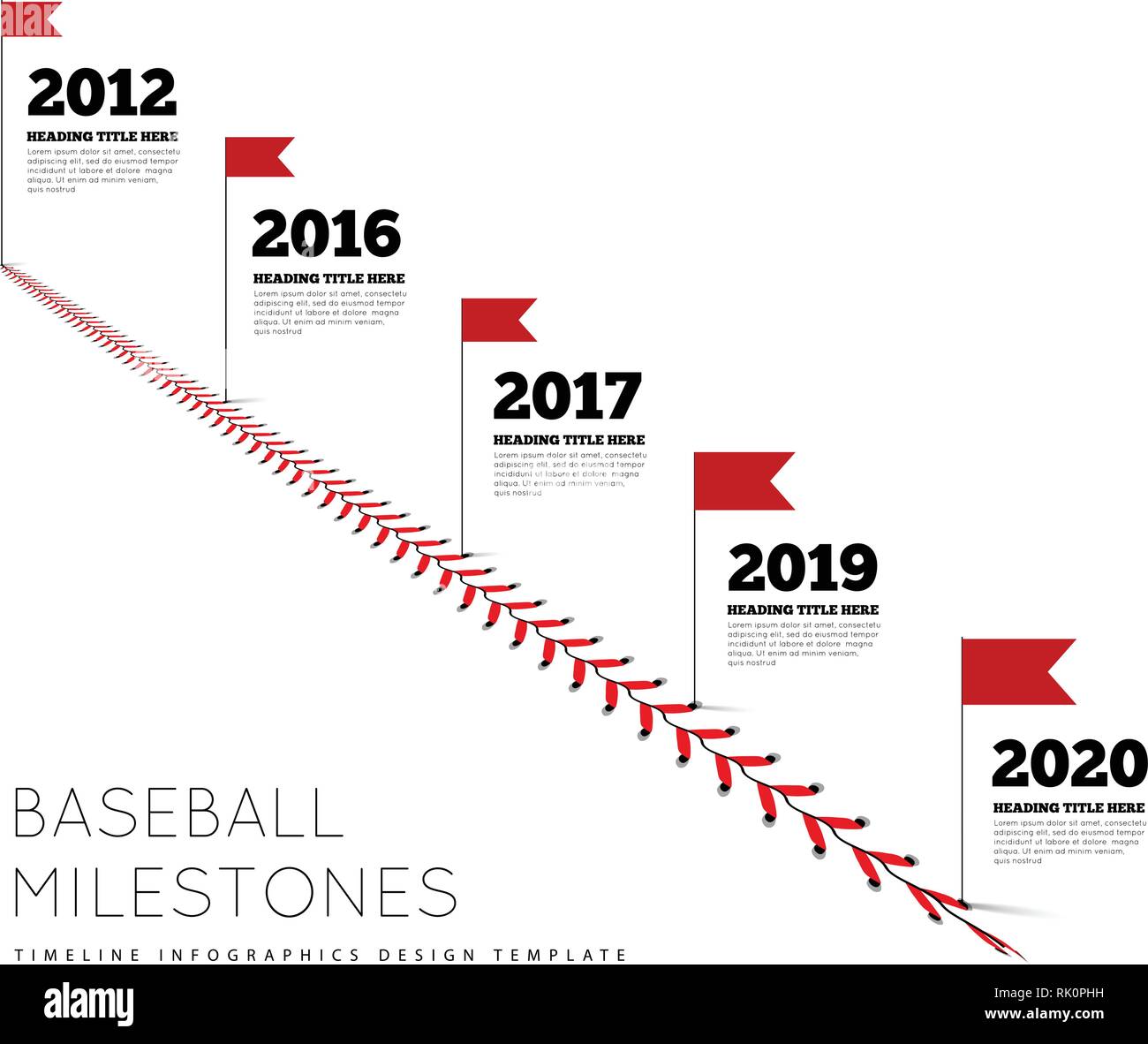 Timeline infographics per una partita di baseball. Le pietre miliari dello sviluppo. Laccio da una palla da baseball su sfondo bianco Illustrazione Vettoriale